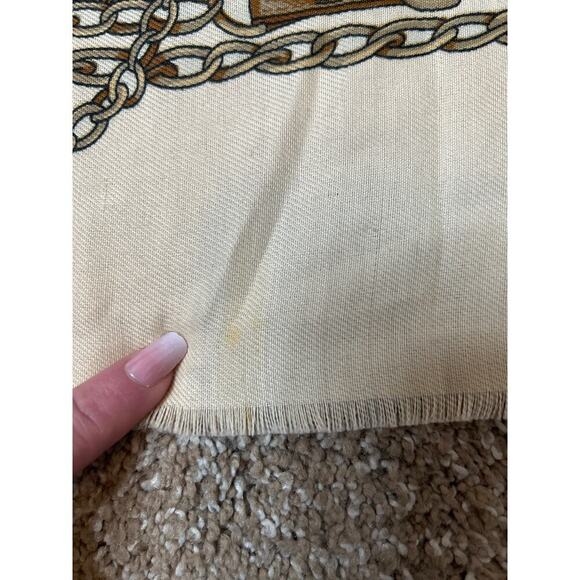 Women's large blanket scarf raw hem beige/tan/brown chain detail scrolling - Picture 6 of 8